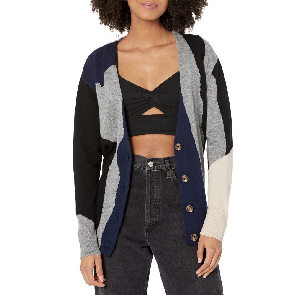 LABEL Intarsia Cardi Light Grey/Black/Navy/Putty MD